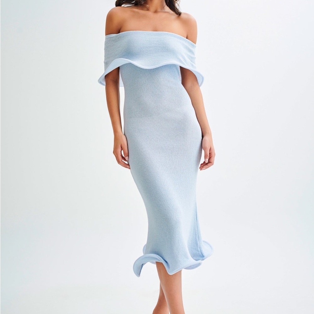 Meshki Off-Shoulder Light Blue Knit Midi Dress
